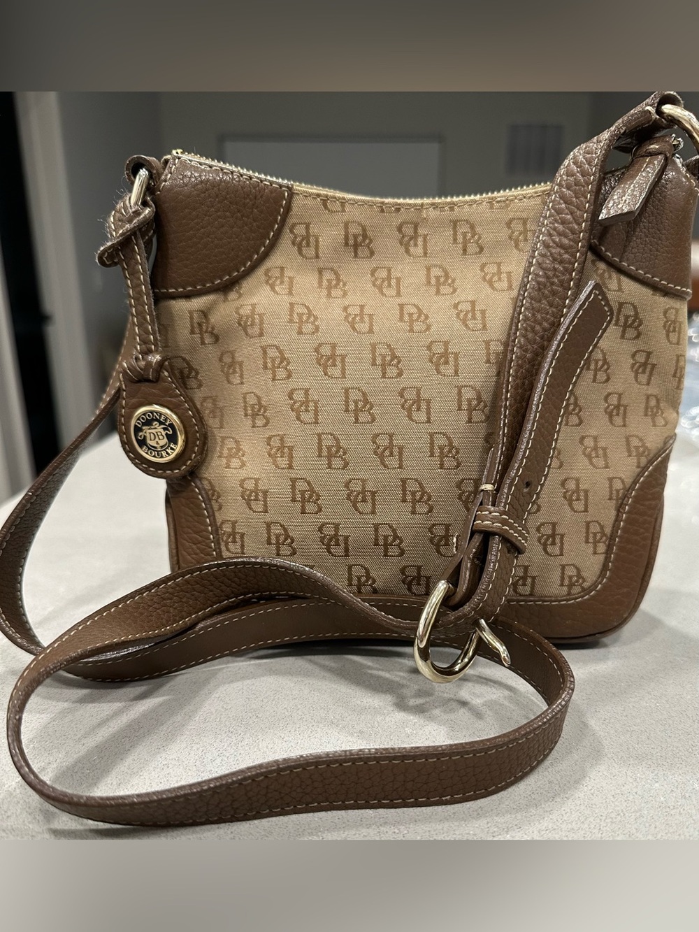 Y2K Dooney & Bourke Mini Signature Monogram Crossbody Brown Leather GUC
